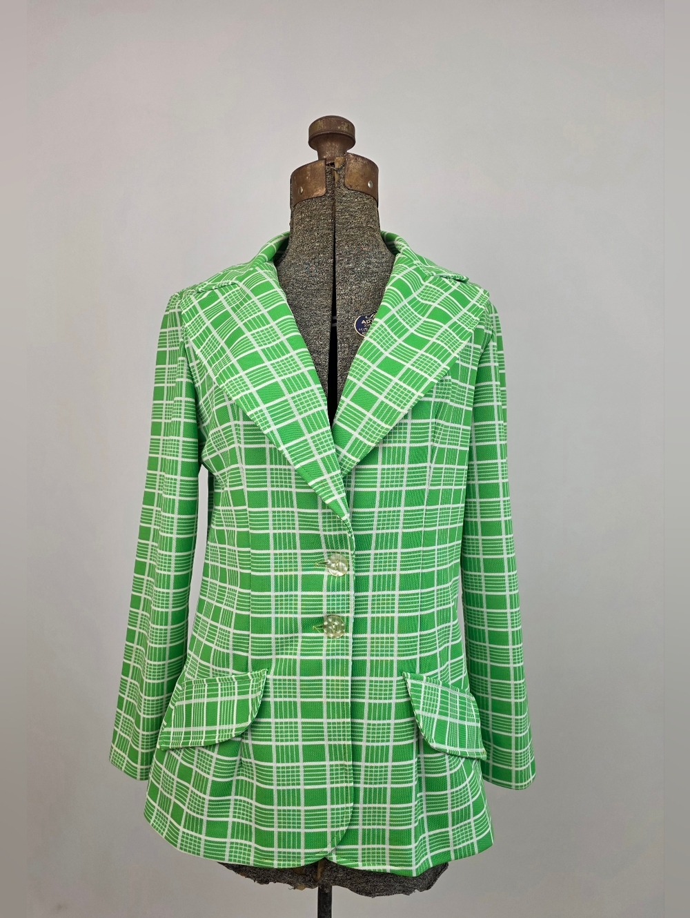 Russ Vintage 70's Medium Green White Plaid Wide Peaked Lapel Jacket Size Medium